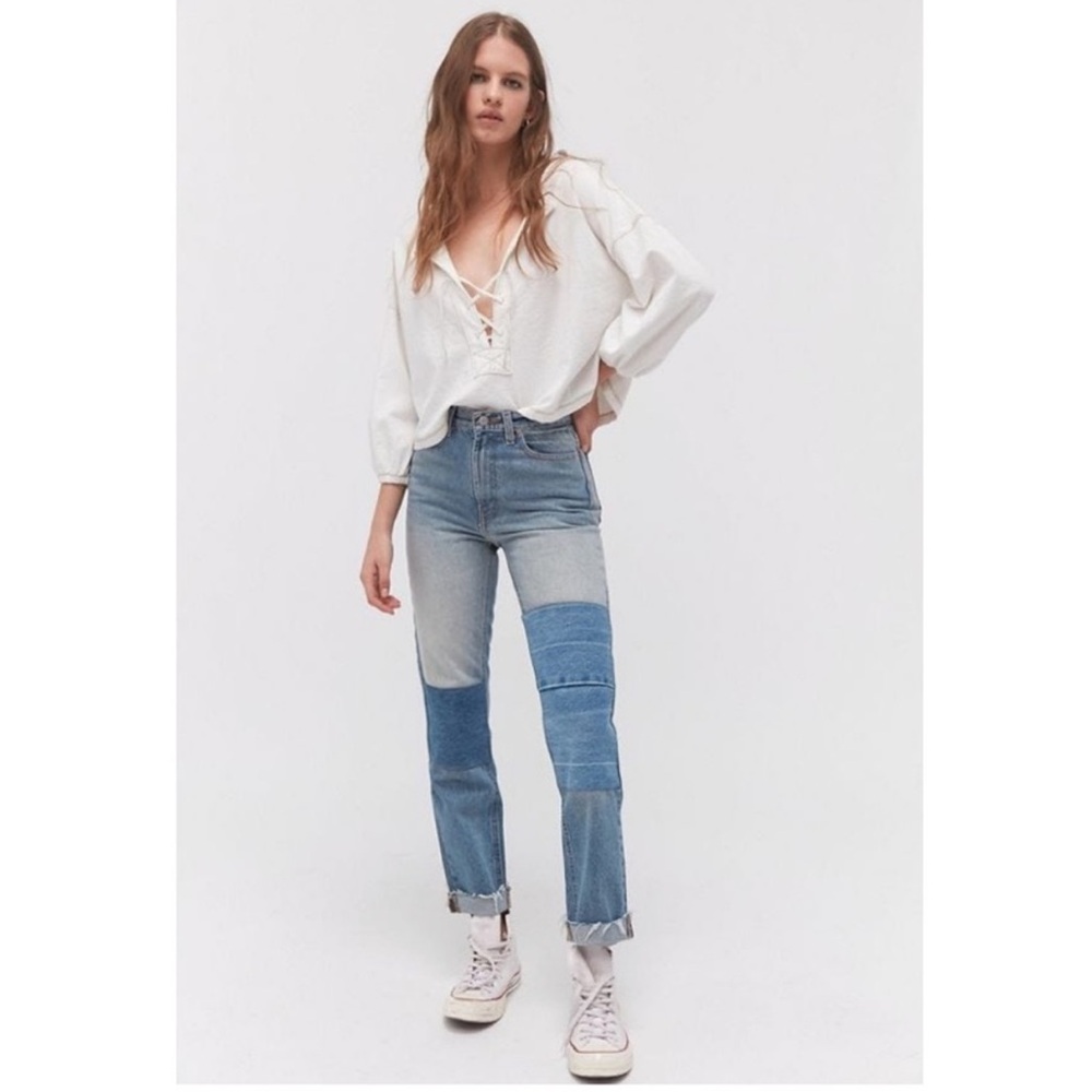 BDG Blue Patchwork Straight Leg Jeans Size 29 – Excellent Condition